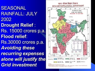 SEASONAL RAINFALL: JULY 2002 Drought Relief  : Rs. 15000 crores p.a. Flood relief : Rs.30000 crores p.a.  Avoiding these recurring expenses alone will justify the Grid investment 