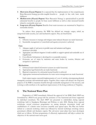 National Water Plan – Executive Summary
E-6
Water Induced Disaster (WID)
Targets:
by 2007, potential disaster zones are id...
