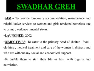 SWADHAR GREH
•AIM – To provide temporary accommodation, maintenance and
rehabilitative services to women and girls rendered homeless due
to crime , voilence , mental stress.
•LAUNCHED: 2002
•OBJECTIVES: To cater to the primary need of shelter , food ,
clothing , medical treatment and care of the women in distress and
who are without any social and economical support.
•To enable them to start their life as fresh with dignity and
conviction.
 