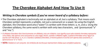 The Cherokee Alphabet And How To Use It
Writing in Cherokee symbols if you've never heard of a syllabary before:
• The Cherokee alphabet is technically not an alphabet at all, but a syllabary. That means each
Cherokee symbol represents a syllable, not just a consonant or a vowel. So using the English
alphabet, the Cherokee word ama ("water") is written with three letters: a, m, and a. Using the
Cherokee syllabary, the same word is written with only two characters, and (pronounced "a"
and "ma.")
• O alfabeto Cherokee não é tecnicamente um alfabeto, mas um silabário. Isso significa que cada símbolo cherokee representa
uma sílaba, não apenas uma consoante ou uma vogal. Assim, usando o alfabeto inglês, a palavra Cherokee ama ("água") é
escrita com três letras: a, m, e a. Usando o syllabary Cherokee, a mesma palavra é escrita com apenas dois caracteres, e
(pronuncia-se "a" e "ma").
• NOTA: Silabário é um conjunto de símbolos de escrita que representam sílabas que compõem palavras.
 