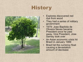 HistoryExplores discovered red dye from wood They had a series of military government1979- Joao Baptista de Oliveira Neves became President once he past away, Vice President, Jose Sarney took overAn Asian economic crisis hit Brazil in January 1999Brazil let the currency float causing a devastation amount of decrease 