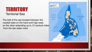 TERRITORY
Territorial Sea
The belt of the sea located between the
coastal state on the hand and high seas
on the other extending up to 12 nautical miles
from the law water mark
 