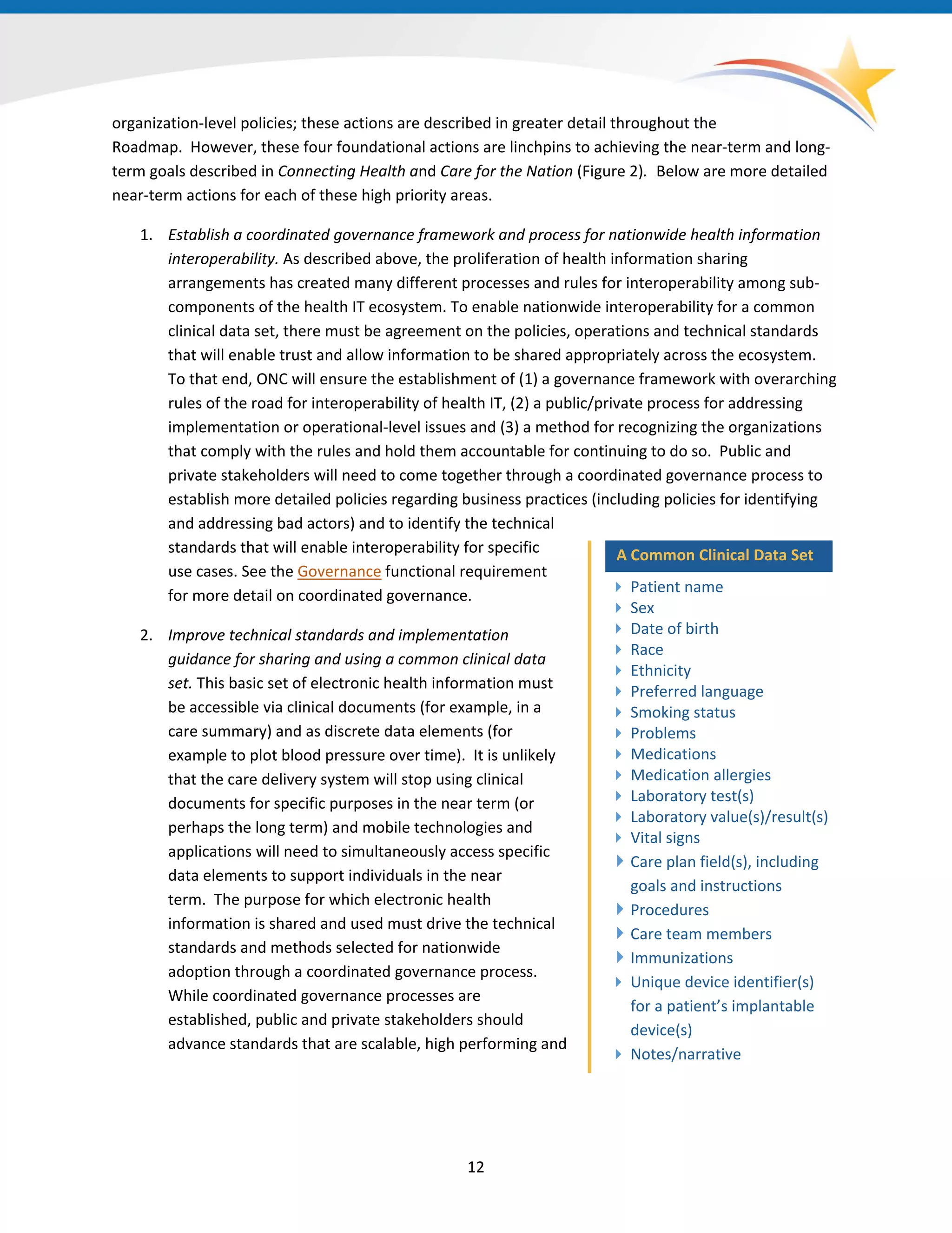 A Common Clinical Data Set
 Patient name
 Sex
 Date of birth
 Race
 Ethnicity
 Preferred language
 Smoking status
 Problems
 Medications
 Medication allergies
 Laboratory test(s)
 Laboratory value(s)/result(s)
 Vital signs
Care plan field(s), including
goals and instructions
Procedures
Care team members
Immunizations
 Unique device identifier(s)
for a patient’s implantable
device(s)
 Notes/narrative
organization-level policies; these actions are described in greater detail throughout the
Roadmap. However, these four foundational actions are linchpins to achieving the near-term and long-
term goals described in Connecting Health and Care for the Nation (Figure 2). Below are more detailed
near-term actions for each of these high priority areas.
1. Establish a coordinated governance framework and process for nationwide health information
interoperability. As described above, the proliferation of health information sharing
arrangements has created many different processes and rules for interoperability among sub-
components of the health IT ecosystem. To enable nationwide interoperability for a common
clinical data set, there must be agreement on the policies, operations and technical standards
that will enable trust and allow information to be shared appropriately across the ecosystem.
To that end, ONC will ensure the establishment of (1) a governance framework with overarching
rules of the road for interoperability of health IT, (2) a public/private process for addressing
implementation or operational-level issues and (3) a method for recognizing the organizations
that comply with the rules and hold them accountable for continuing to do so. Public and
private stakeholders will need to come together through a coordinated governance process to
establish more detailed policies regarding business practices (including policies for identifying
and addressing bad actors) and to identify the technical
standards that will enable interoperability for specific
use cases. See the Governance functional requirement
for more detail on coordinated governance.
2. Improve technical standards and implementation
guidance for sharing and using a common clinical data
set. This basic set of electronic health information must
be accessible via clinical documents (for example, in a
care summary) and as discrete data elements (for
example to plot blood pressure over time). It is unlikely
that the care delivery system will stop using clinical
documents for specific purposes in the near term (or
perhaps the long term) and mobile technologies and
applications will need to simultaneously access specific
data elements to support individuals in the near
term. The purpose for which electronic health
information is shared and used must drive the technical
standards and methods selected for nationwide
adoption through a coordinated governance process.
While coordinated governance processes are
established, public and private stakeholders should
advance standards that are scalable, high performing and
12
 