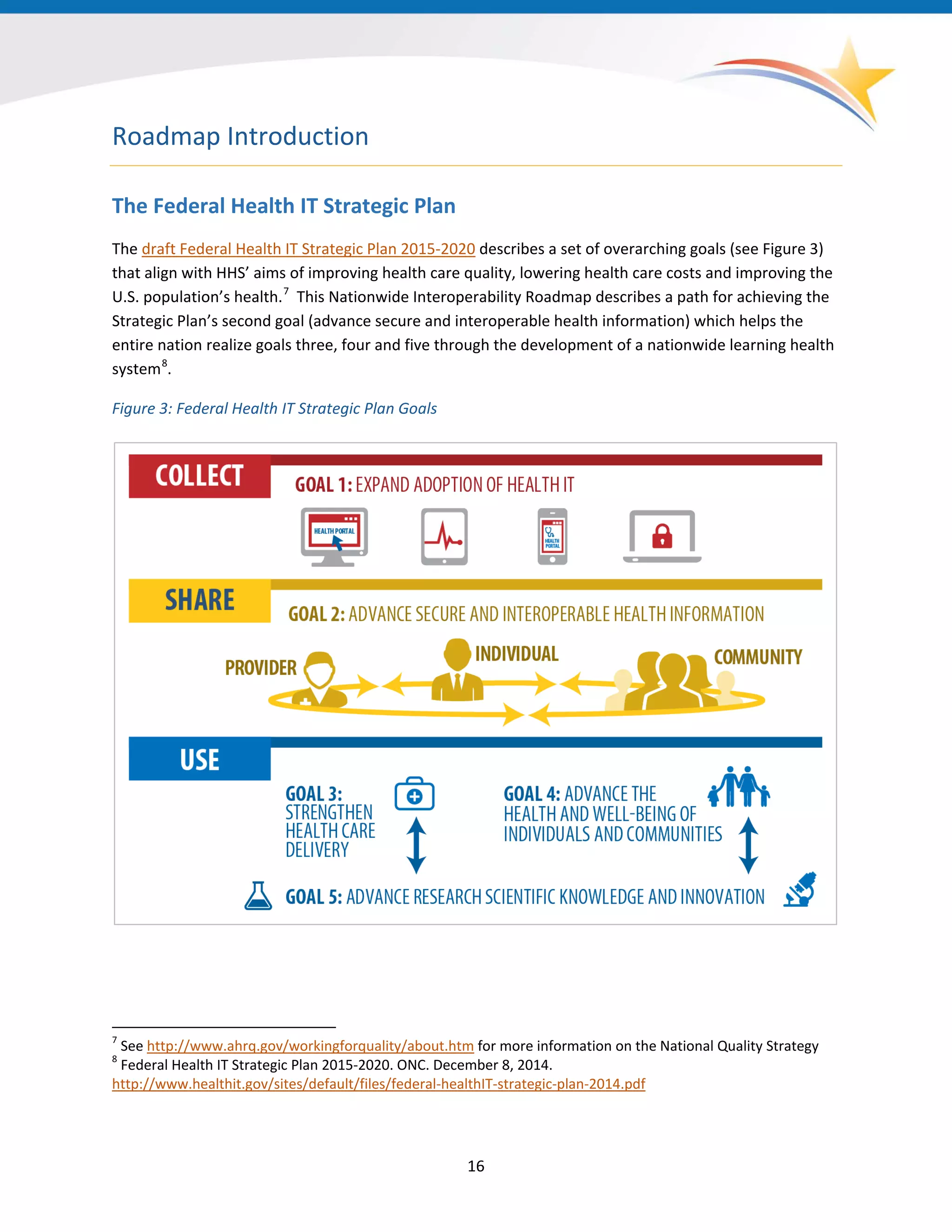 Roadmap Introduction
The Federal Health IT Strategic Plan
The draft Federal Health IT Strategic Plan 2015-2020 describes a set of overarching goals (see Figure 3)
that align with HHS’ aims of improving health care quality, lowering health care costs and improving the
U.S. population’s health.7
This Nationwide Interoperability Roadmap describes a path for achieving the
Strategic Plan’s second goal (advance secure and interoperable health information) which helps the
entire nation realize goals three, four and five through the development of a nationwide learning health
system8
.
Figure 3: Federal Health IT Strategic Plan Goals
7
See http://www.ahrq.gov/workingforquality/about.htm for more information on the National Quality Strategy
8
Federal Health IT Strategic Plan 2015-2020. ONC. December 8, 2014.
http://www.healthit.gov/sites/default/files/federal-healthIT-strategic-plan-2014.pdf
16
 