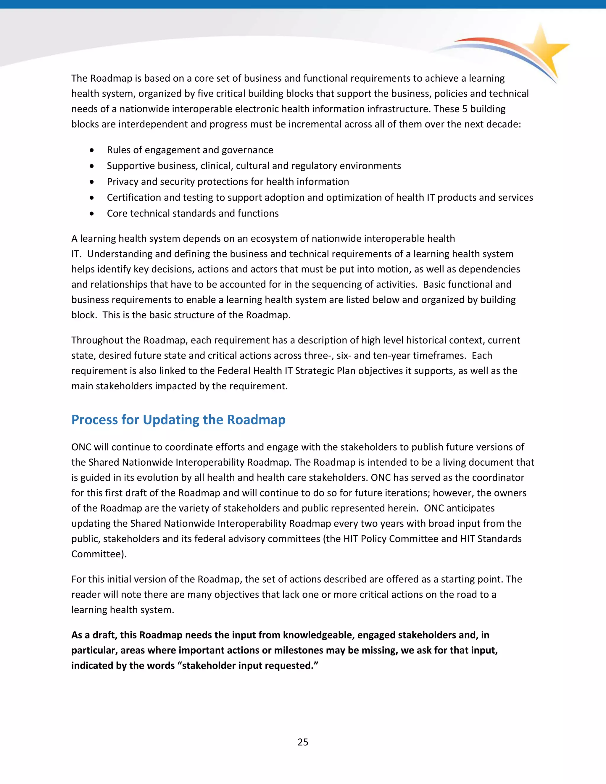 The Roadmap is based on a core set of business and functional requirements to achieve a learning
health system, organized by five critical building blocks that support the business, policies and technical
needs of a nationwide interoperable electronic health information infrastructure. These 5 building
blocks are interdependent and progress must be incremental across all of them over the next decade:
• Rules of engagement and governance
• Supportive business, clinical, cultural and regulatory environments
• Privacy and security protections for health information
• Certification and testing to support adoption and optimization of health IT products and services
• Core technical standards and functions
A learning health system depends on an ecosystem of nationwide interoperable health
IT. Understanding and defining the business and technical requirements of a learning health system
helps identify key decisions, actions and actors that must be put into motion, as well as dependencies
and relationships that have to be accounted for in the sequencing of activities. Basic functional and
business requirements to enable a learning health system are listed below and organized by building
block. This is the basic structure of the Roadmap.
Throughout the Roadmap, each requirement has a description of high level historical context, current
state, desired future state and critical actions across three-, six- and ten-year timeframes. Each
requirement is also linked to the Federal Health IT Strategic Plan objectives it supports, as well as the
main stakeholders impacted by the requirement.
Process for Updating the Roadmap
ONC will continue to coordinate efforts and engage with the stakeholders to publish future versions of
the Shared Nationwide Interoperability Roadmap. The Roadmap is intended to be a living document that
is guided in its evolution by all health and health care stakeholders. ONC has served as the coordinator
for this first draft of the Roadmap and will continue to do so for future iterations; however, the owners
of the Roadmap are the variety of stakeholders and public represented herein. ONC anticipates
updating the Shared Nationwide Interoperability Roadmap every two years with broad input from the
public, stakeholders and its federal advisory committees (the HIT Policy Committee and HIT Standards
Committee).
For this initial version of the Roadmap, the set of actions described are offered as a starting point. The
reader will note there are many objectives that lack one or more critical actions on the road to a
learning health system.
As a draft, this Roadmap needs the input from knowledgeable, engaged stakeholders and, in
particular, areas where important actions or milestones may be missing, we ask for that input,
indicated by the words “stakeholder input requested.”
25
 