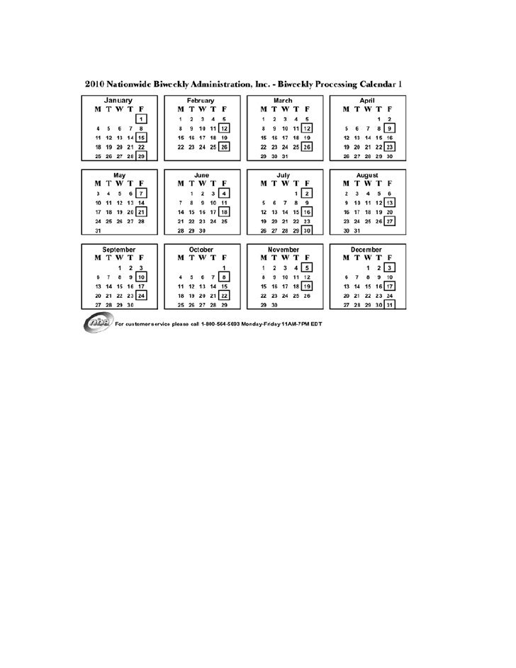 Nationwide Biweekly Administration Scheduled Withdrawal Calendar 2010