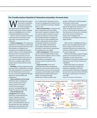 www.carriermanagement.com Q4 2023 | 51
The Transformative Potential of Telematics Innovation: Personal Auto
W
hen looking at the impact
of telematics capabilities
on insurance activities,
we see the emergence of
the transformative potential of this
InsurTech innovation. (Game-changing
impacts are highlighted in red on the
accompanying illustration below.)
There is a relevant number of activities
in the personal auto insurance value
chain that can be improved using
telematics.
• Product management. The design and
maintenance of a telematics product that
provides more frequent interaction with
policyholders is completely new
compared to the traditional insurance
model, which uses static rating features.
The days of the “one-policy-fits-all”
approach to auto insurance are over.
As consumer needs evolve, they will
seek carriers capable of tailoring auto
insurance coverage to align with the
unique needs of all the drivers in their
household.
• Marketing. As these programs become
more innovative, shifting how we market
the value proposition to customers will
be vital. Marketing activities need to
focus on customer engagement through
improved communication and
transparency.
• Policy acquisition and servicing.
Telematics data is changing the
entire customer journey from
issuing a quote to the policy
contract, how the policy is
serviced, including billing, and
finally, the impact on renewals.
• Underwriting and risk
management. Risk analysis,
inspection, monitoring and loss
control—typically core and
addressed at the policy level in
middle and large commercial
risks—can be performed at scale on
the personal auto book, applying
algorithms to the telematics data.
Loss control already has been a
core in Nationwide’s telematics journey
focused on changing driver behaviors and
is an area of further investments. (Related
article, p. 48)
• Sales and distribution. As mentioned in
the accompanying article describing
Nationwide’s approach, telematics offers
new ways to acquire customers, such as
using the driving score at point of sale.
Pre-existing data allows companies to
offer the most accurate rating/discount
upfront, replacing the need to capture
driving data during the introductory
period. The insight collected about
policyholders and their risks has the
potential to unlock further opportunities
for upselling and cross-selling.
• Claims management. Claims activity is
ripe for a deep redesign fueled by using
telematics-based insights to detect crashes
and proactively reach out to
policyholders, assessing the crash
dynamic and the overall anti-fraud
process.
• Support functions. From an IT,
organizational and data management
perspective, the amount of data received
with telematics is new for most insurance
companies, and the skills required will be
broader than the traditional insurance
skillset. Investing in the right
infrastructure, data foundation and
people is vital because nothing happens
in telematics without data.
The better a carrier is at managing this
dataset throughout the customer value
chain, the greater their chances of
success—as this fuels the pricing models
that determine if a discount is warranted,
powers the customer experiences,
impacts future strategies and
innovations, and ultimately unlocks the
larger benefits.
Other activities—highlighted in blue or
green in the accompanying illustration—
have an impact. However, the use of
telematics data does not transform the
activity; it will be mainly an extension of
the current approach.
While not identified as a game-changer,
agents are the trusted advisor to many
consumers. As such, they are key
stakeholders in the speed of adoption and
long-term success of some of these new
capabilities.
Nationwide aspires to modernize
insurance protection through these
telematics capabilities, delivering
advanced product offerings accompanied
by innovative experiences that will define
the insurance landscape for decades to
come.
Source: IoT Insurance Observatory
©2023 Carrier Management | Originally Published in the Q4 2023 Issue | Page 4 of 4
 