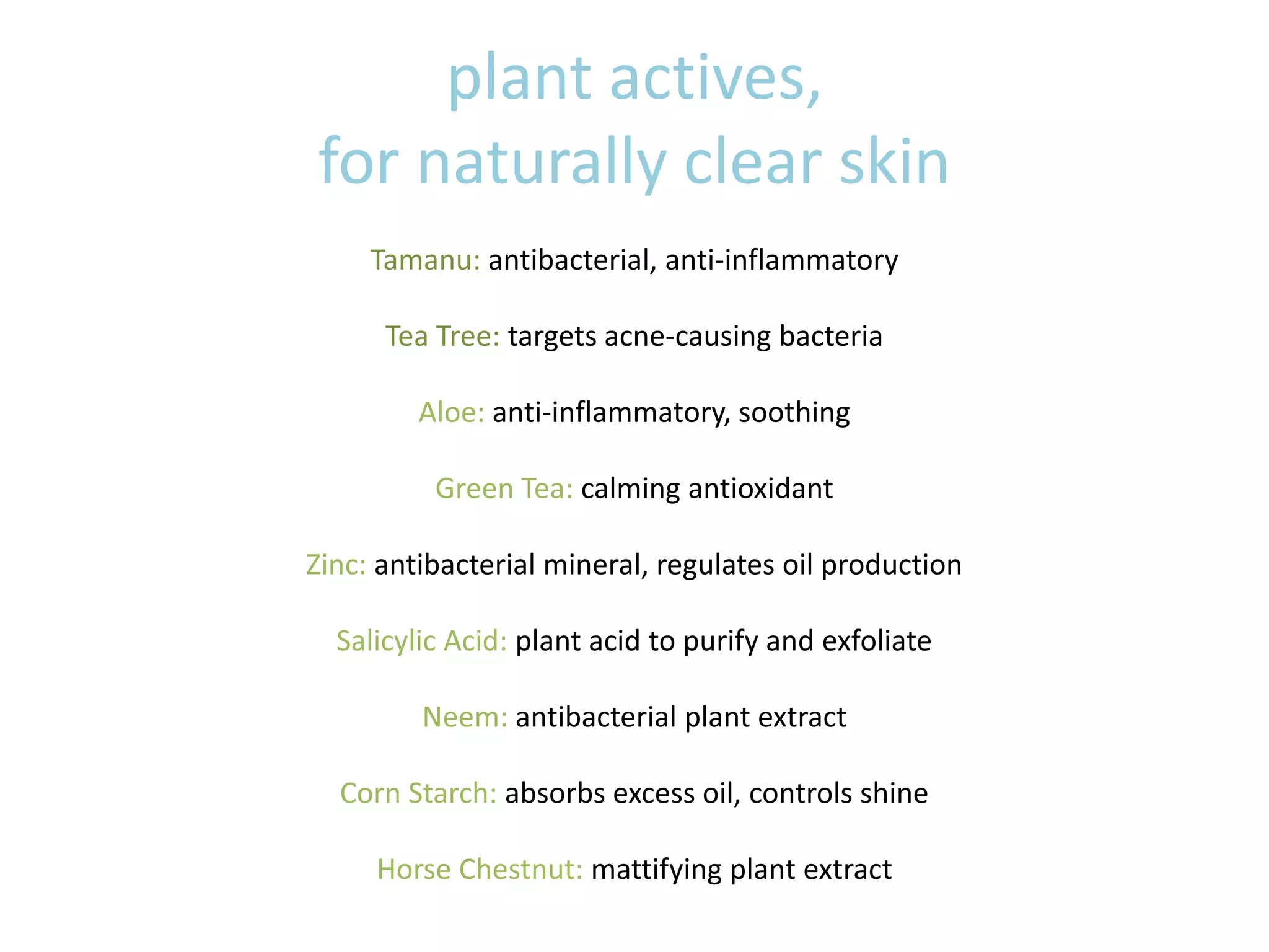 plant actives,
for naturally clear skin
Tamanu: antibacterial, anti-inflammatory
Tea Tree: targets acne-causing bacteria
Aloe: anti-inflammatory, soothing
Green Tea: calming antioxidant
Zinc: antibacterial mineral, regulates oil production
Salicylic Acid: plant acid to purify and exfoliate
Neem: antibacterial plant extract
Corn Starch: absorbs excess oil, controls shine
Horse Chestnut: mattifying plant extract
 