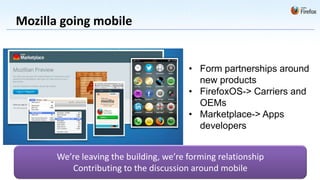 Mozilla going mobile


                                         • Form partnerships around
                                           new products
                                         • FirefoxOS-> Carriers and
                                           OEMs
                                         • Marketplace-> Apps
                                           developers


       We’re leaving the building, we’re forming relationship
          Contributing to the discussion around mobile
 