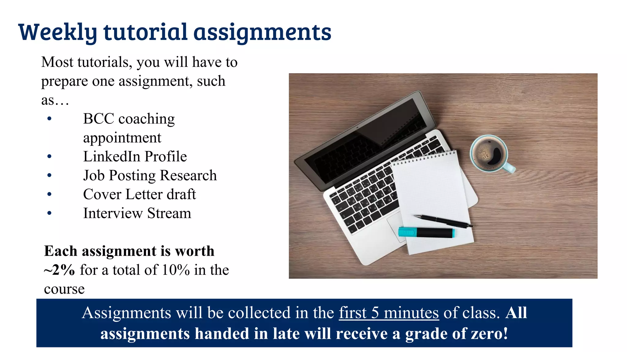 Most tutorials, you will have to
prepare one assignment, such
as…
• BCC coaching
appointment
• LinkedIn Profile
• Job Posting Research
• Cover Letter draft
• Interview Stream
Each assignment is worth
~2% for a total of 10% in the
course
Weekly tutorial assignments
Assignments will be collected in the first 5 minutes of class. All
assignments handed in late will receive a grade of zero!
 