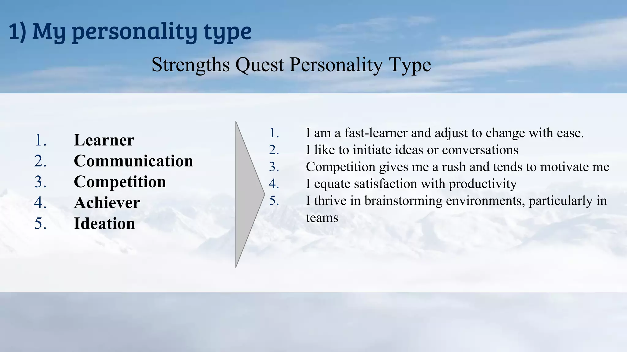 1) My personality type
Strengths Quest Personality Type
1. Learner
2. Communication
3. Competition
4. Achiever
5. Ideation
1. I am a fast-learner and adjust to change with ease.
2. I like to initiate ideas or conversations
3. Competition gives me a rush and tends to motivate me
4. I equate satisfaction with productivity
5. I thrive in brainstorming environments, particularly in
teams
 