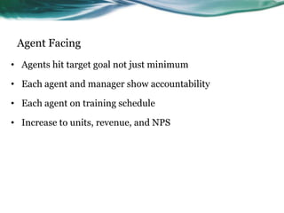 Agent Facing
• Agents hit target goal not just minimum
• Each agent and manager show accountability
• Each agent on training schedule

• Increase to units, revenue, and NPS

 
