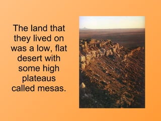 The land that they lived on was a low, flat desert with some high plateaus called mesas. 