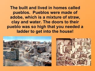 The built and lived in homes called pueblos.  Pueblos were made of adobe, which is a mixture of straw, clay and water. The doors to their pueblo was so high that you needed a ladder to get into the house! 