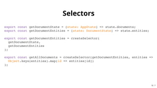 SelectorsSelectors
export const getDocumentState = (state: AppState) => state.documents;
export const getDocumentEntities ...