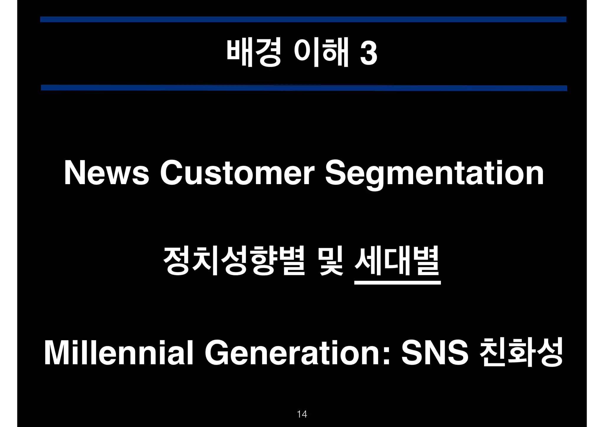 배경 이해 3

News Customer Segmentation
정치성향별 및 세대별
Millennial Generation: SNS 친화성
!14

 