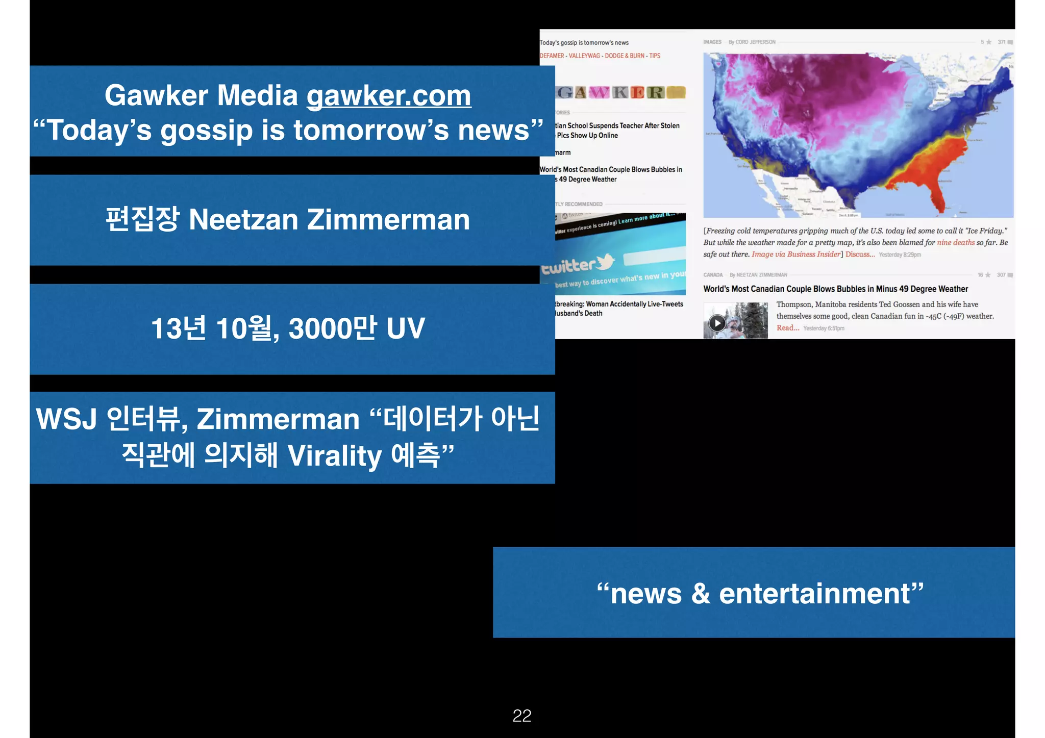 Gawker Media gawker.com!
“Today’s gossip is tomorrow’s news”
편집장 Neetzan Zimmerman

13년 10월, 3000만 UV
WSJ 인터뷰, Zimmerman “데이터가 아닌
직관에 의지해 Virality 예측”

“news & entertainment”

!22

 