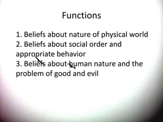 Functions	1. Beliefs about nature of physical world 2. Beliefs about social order and appropriate behavior 3. Beliefs about human nature and the problem of good and evil