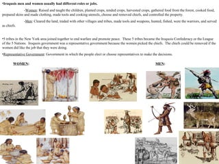 •Iroquois men and women usually had different roles or jobs.
-Women: Raised and taught the children, planted crops, tended crops, harvested crops, gathered food from the forest, cooked food,
prepared skins and made clothing, made tools and cooking utensils, choose and removed chiefs, and controlled the property.
-Men: Cleared the land, traded with other villages and tribes, made tools and weapons, hunted, fished, were the warriors, and served
as chiefs.
•5 tribes in the New York area joined together to end warfare and promote peace. These 5 tribes became the Iroquois Confederacy or the League
of the 5 Nations. Iroquois government was a representative government because the women picked the chiefs. The chiefs could be removed if the
women did like the job that they were doing.
•Representative Government: Government in which the people elect or choose representatives to make the decisions.
WOMEN: MEN:
 