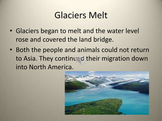 Glaciers Melt
• Glaciers began to melt and the water level
rose and covered the land bridge.
• Both the people and animals could not return
to Asia. They continued their migration down
into North America.
 