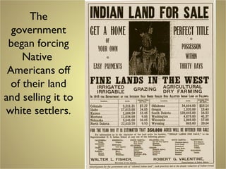 The
government
began forcing
Native
Americans off
of their land
and selling it to
white settlers.
 