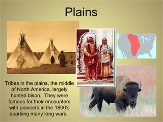 Plains
Tribes in the plains, the middle
of North America, largely
hunted bison. They were
famous for their encounters
with pioneers in the 1800’s
sparking many long wars.
 