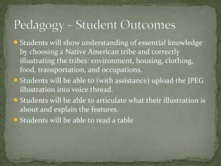 Students will show understanding of essential knowledge
by choosing a Native American tribe and correctly
illustrating the tribes: environment, housing, clothing,
food, transportation, and occupations.
Students will be able to (with assistance) upload the JPEG
illustration into voice thread.
Students will be able to articulate what their illustration is
about and explain the features.
Students will be able to read a table
 