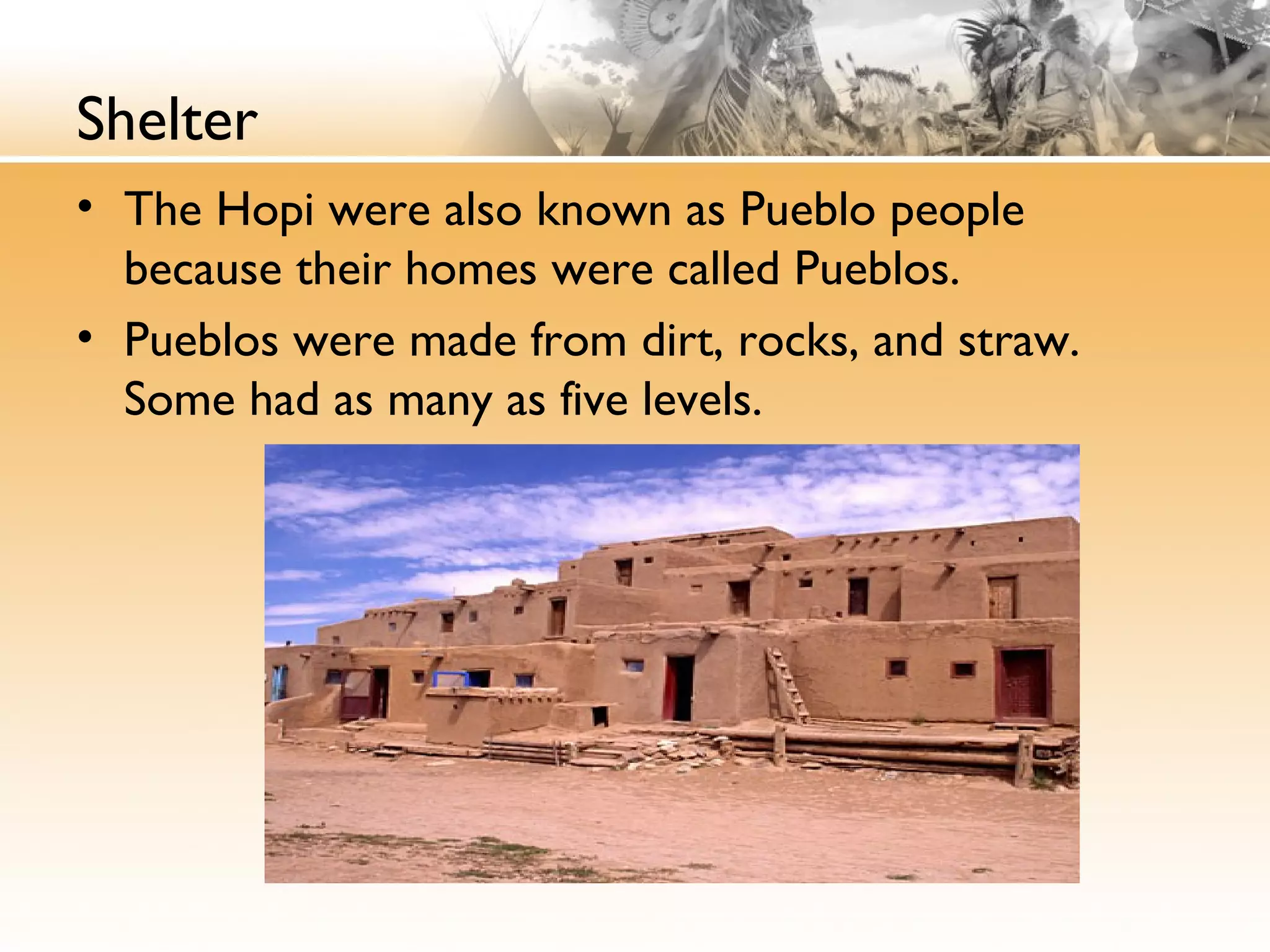 Shelter
• The Hopi were also known as Pueblo people
because their homes were called Pueblos.
• Pueblos were made from dirt, rocks, and straw.
Some had as many as five levels.
 