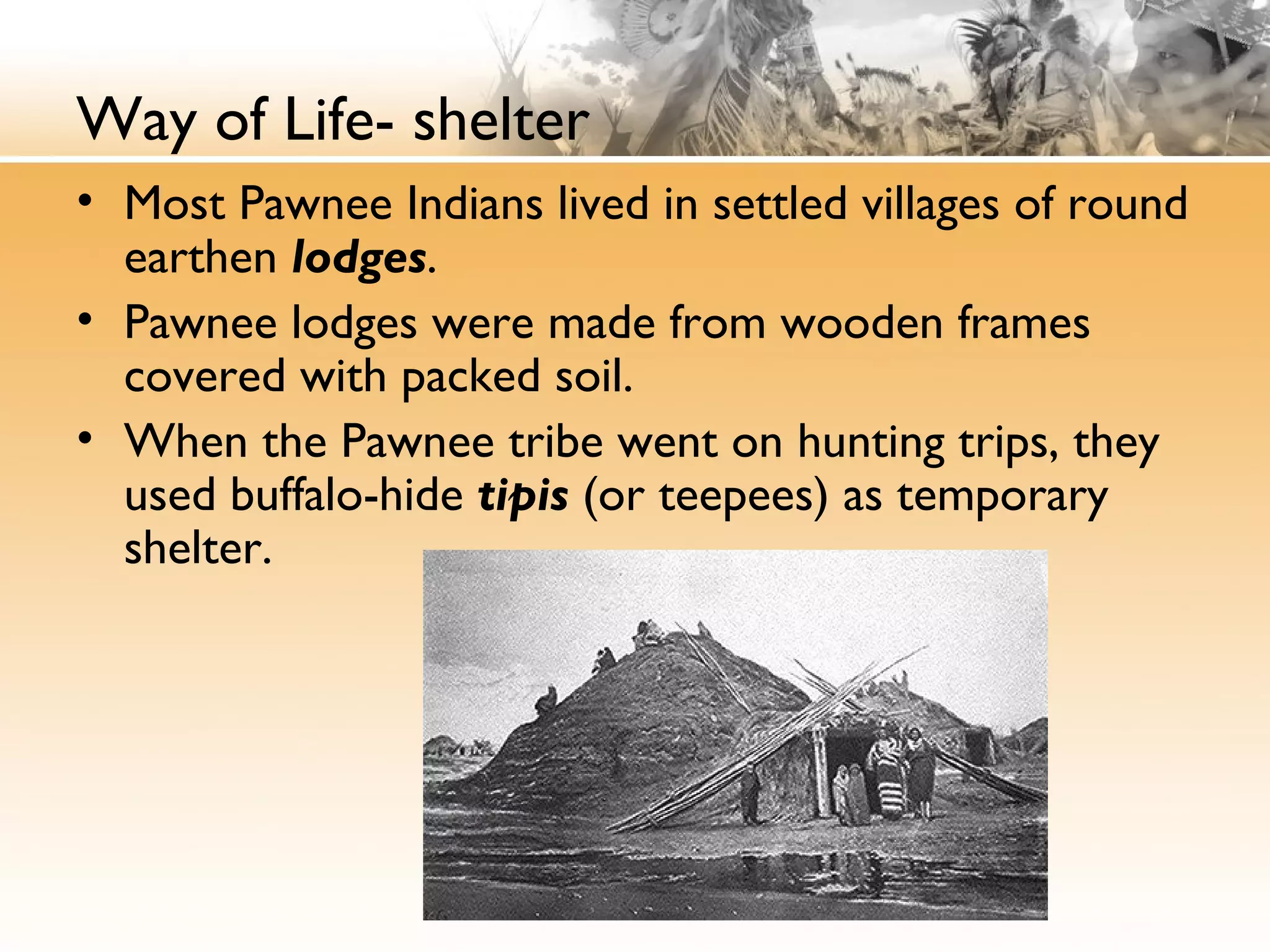 Way of Life- shelter
• Most Pawnee Indians lived in settled villages of round
earthen lodges.
• Pawnee lodges were made from wooden frames
covered with packed soil.
• When the Pawnee tribe went on hunting trips, they
used buffalo-hide tipis (or teepees) as temporary
shelter.
 