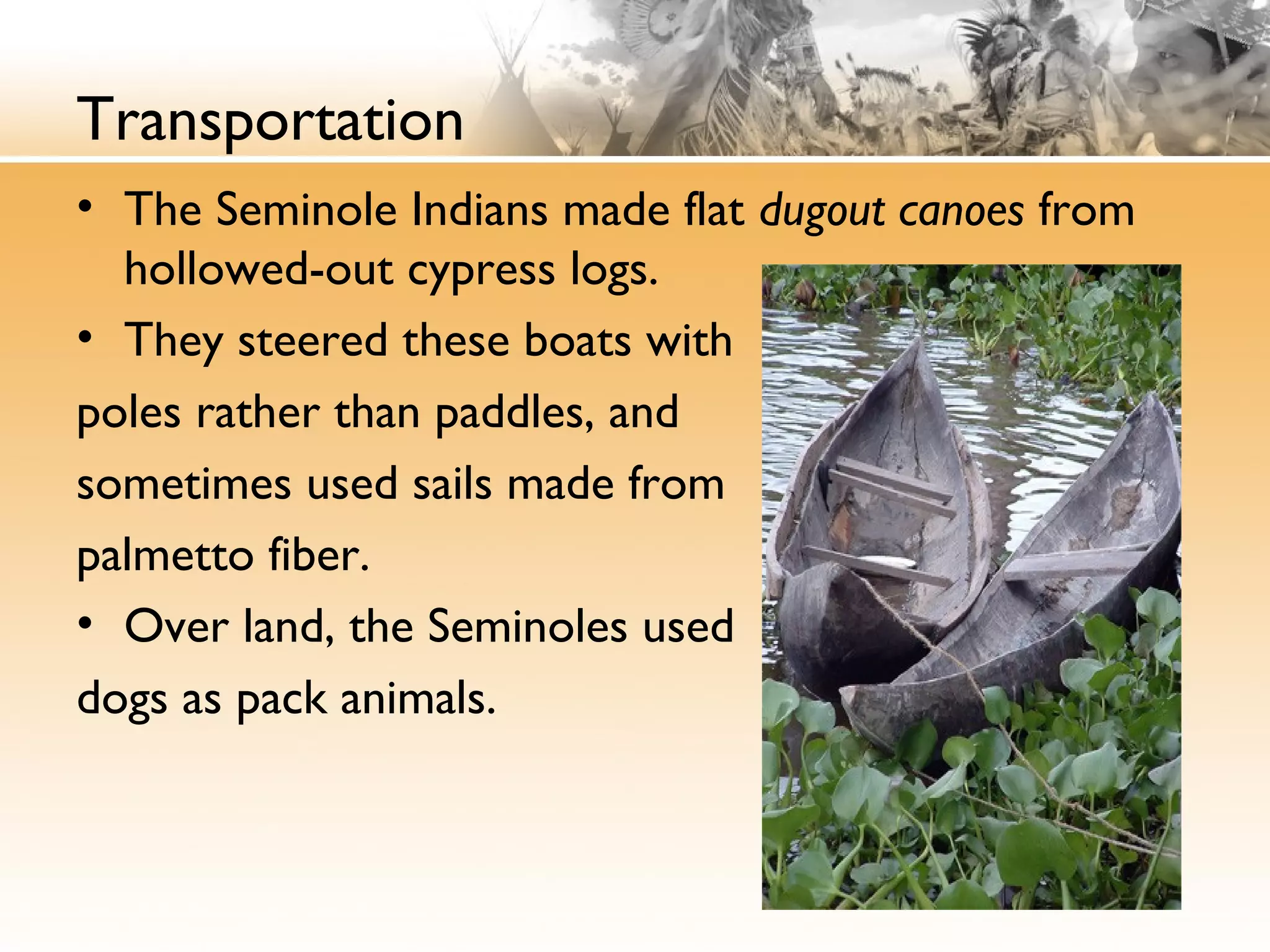 Transportation
• The Seminole Indians made flat dugout canoes from
hollowed-out cypress logs.
• They steered these boats with
poles rather than paddles, and
sometimes used sails made from
palmetto fiber.
• Over land, the Seminoles used
dogs as pack animals.
 