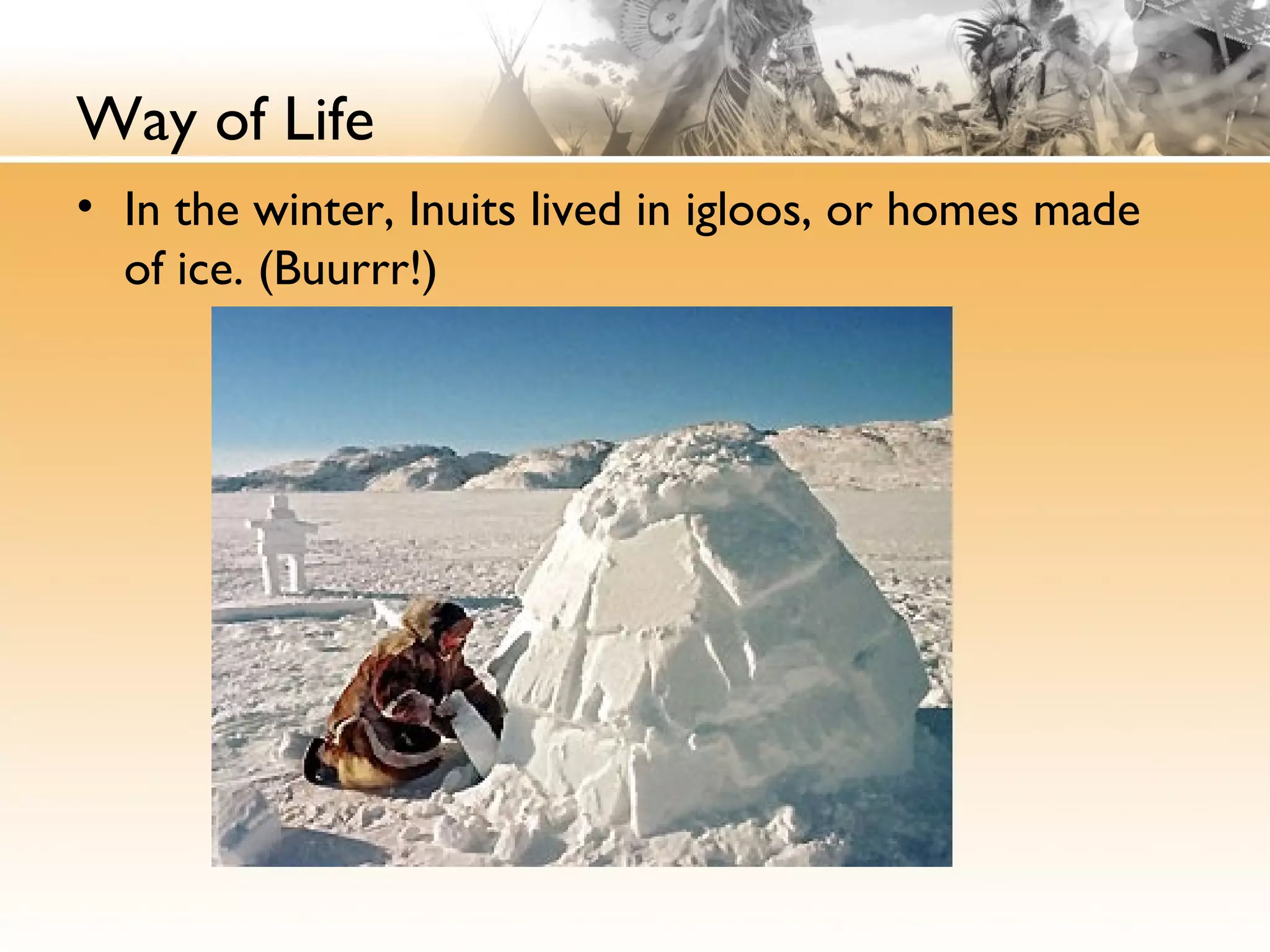 Way of Life
• In the winter, Inuits lived in igloos, or homes made
of ice. (Buurrr!)
 