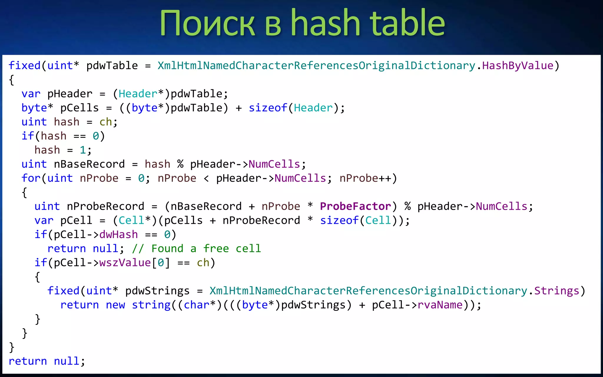Поиск в hash table
fixed(uint* pdwTable = XmlHtmlNamedCharacterReferencesOriginalDictionary.HashByValue)
{
var pHeader = (Header*)pdwTable;
byte* pCells = ((byte*)pdwTable) + sizeof(Header);
uint hash = ch;
if(hash == 0)
hash = 1;
uint nBaseRecord = hash % pHeader->NumCells;
for(uint nProbe = 0; nProbe < pHeader->NumCells; nProbe++)
{
uint nProbeRecord = (nBaseRecord + nProbe * ProbeFactor) % pHeader->NumCells;
var pCell = (Cell*)(pCells + nProbeRecord * sizeof(Cell));
if(pCell->dwHash == 0)
return null; // Found a free cell
if(pCell->wszValue[0] == ch)
{
fixed(uint* pdwStrings = XmlHtmlNamedCharacterReferencesOriginalDictionary.Strings)
return new string((char*)(((byte*)pdwStrings) + pCell->rvaName));
}
}
}
return null;
 