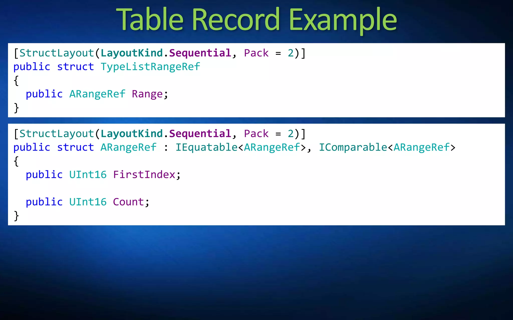 Table Record Example
[StructLayout(LayoutKind.Sequential, Pack = 2)]
public struct TypeListRangeRef
{
public ARangeRef Range;
}
[StructLayout(LayoutKind.Sequential, Pack = 2)]
public struct ARangeRef : IEquatable<ARangeRef>, IComparable<ARangeRef>
{
public UInt16 FirstIndex;
public UInt16 Count;
}
 