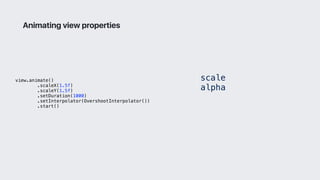 view.animate()
.scaleX(1.5f)
.scaleY(1.5f)
.setDuration(1000)
.setInterpolator(OvershootInterpolator())
.start()
Animating view properties
• scale
• alpha
 
