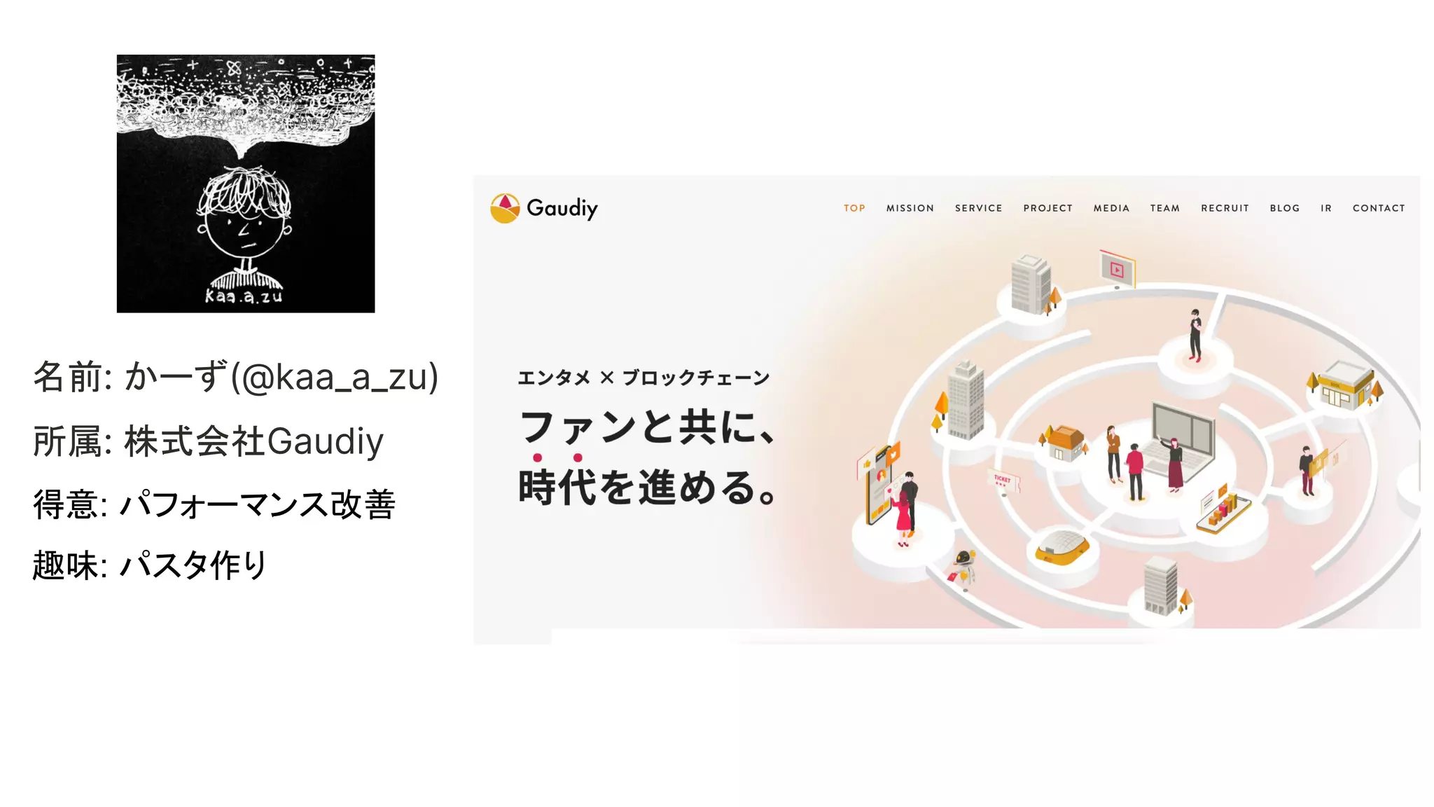 名前: かーず(@kaa_a_zu)
所属: 株式会社Gaudiy
得意: パフォーマンス改善
趣味: パスタ作り
 