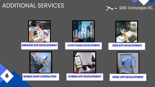 ANDROID APP DEVELOPMENT
ADDITIONAL SERVICES
6
AI SOFTWARE DEVELOPMENT WEB APP DEVELOPMENT
SARA Technologies INC.
MOBILE DAPP CONSULTING HYBRID APP DEVELOPMENT IONIC APP DEVELOPMENT
 