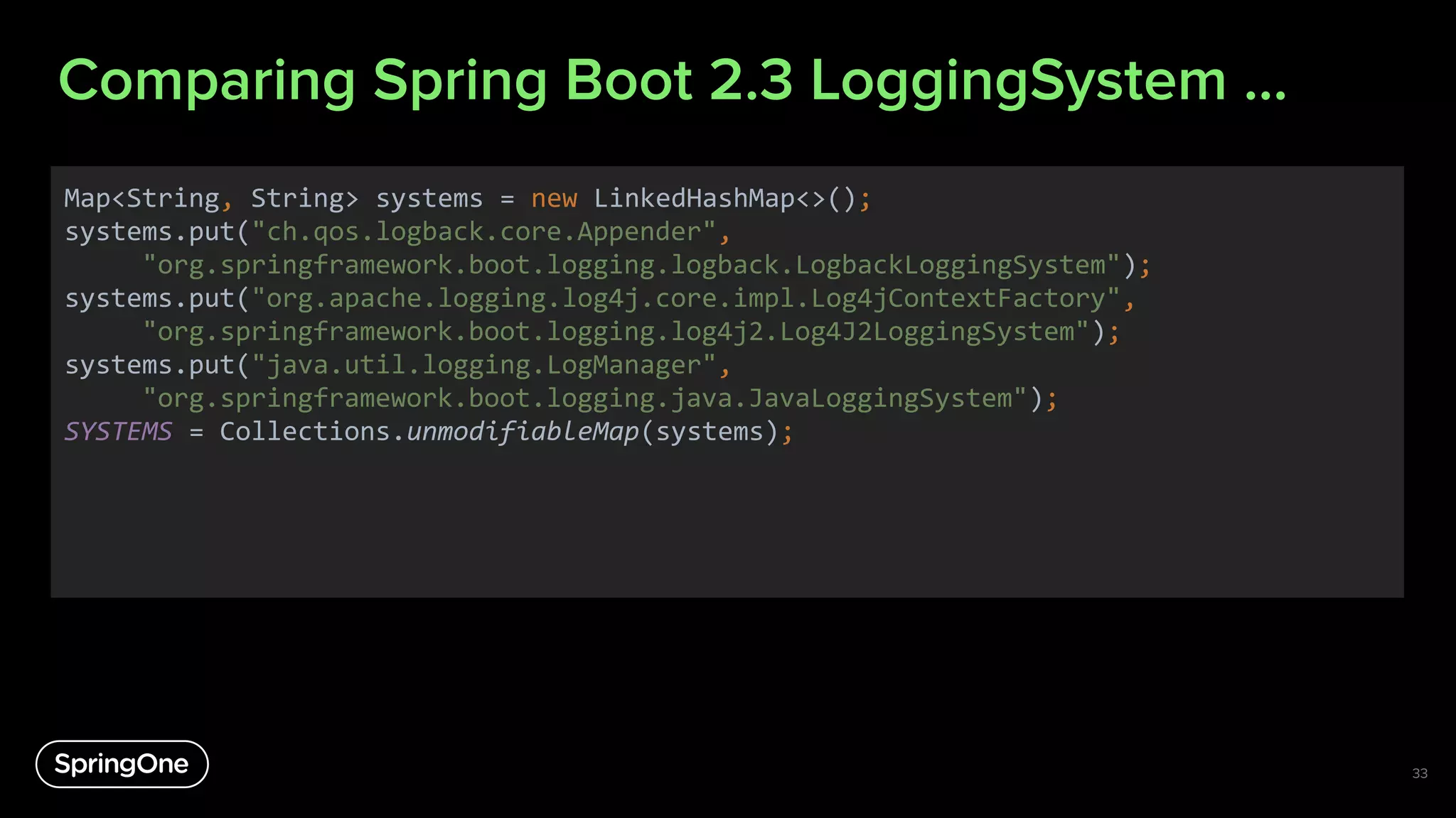 Comparing Spring Boot 2.3 LoggingSystem ...
33
Map<String, String> systems = new LinkedHashMap<>();
systems.put("ch.qos.logback.core.Appender",
"org.springframework.boot.logging.logback.LogbackLoggingSystem");
systems.put("org.apache.logging.log4j.core.impl.Log4jContextFactory",
"org.springframework.boot.logging.log4j2.Log4J2LoggingSystem");
systems.put("java.util.logging.LogManager",
"org.springframework.boot.logging.java.JavaLoggingSystem");
SYSTEMS = Collections.unmodifiableMap(systems);
 