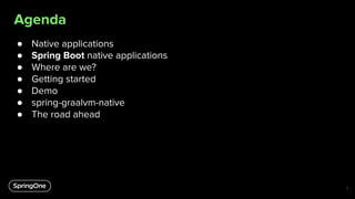 Agenda
● Native applications
● Spring Boot native applications
● Where are we?
● Getting started
● Demo
● spring-graalvm-n...