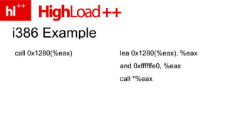 i386 Example call 0x1280(%eax) lea 0x1280(%eax), %eax and 0xffffffe0, %eax call *%eax 