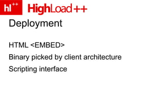 Deployment HTML <EMBED> Binary picked by client architecture Scripting interface 