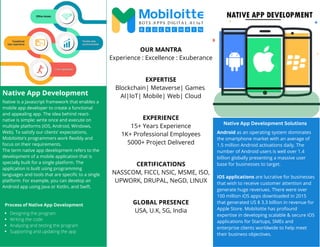 Native is a Javascript framework that enables a
mobile app developer to create a functional
and appealing app. The idea behind react-
native is simple: write once and execute on
multiple platforms (iOS, Android, Windows,
Web). To satisfy our clients' expectations,
Mobiloitte's programmers work flexibly and
focus on their requirements.
The term native app development refers to the
development of a mobile application that is
specially built for a single platform. The
application is built using programming
languages and tools that are specific to a single
platform. For example, you can develop an
Android app using Java or Kotlin, and Swift.
OUR MANTRA
Experience : Excellence : Exuberance
EXPERTISE
Blockchain| Metaverse| Games
AI|IoT| Mobile| Web| Cloud
EXPERIENCE
15+ Years Experience
1K+ Professional Employees
5000+ Project Delivered
CERTIFICATIONS
NASSCOM, FICCI, NSIC, MSME, ISO,
UPWORK, DRUPAL, NeGD, LINUX
GLOBAL PRESENCE
USA, U.K, SG, India
Native App Development
Native App Development Solutions
Android as an operating system dominates
the smartphone market with an average of
1.5 million Android activations daily. The
number of Android users is well over 1.4
billion globally presenting a massive user
base for businesses to target.
iOS applications are lucrative for businesses
that wish to receive customer attention and
generate huge revenues. There were over
100 million iOS apps downloaded in 2015
that generated US $ 3.3 billion in revenue for
Apple Store. Mobiloitte has profound
expertise in developing scalable & secure iOS
applications for Startups, SMEs and
enterprise clients worldwide to help meet
their business objectives.
Process of Native App Development
Designing the program
Writing the code
Analyzing and testing the program
Supporting and updating the app
 