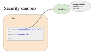 Security sandbox
f = open(“/data/critical.txt”, ‘w’);
...
modifying critical.txt ...
...
App
Sandbox
/data/critical.txt
should not be
modified.
 