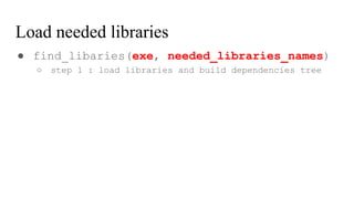 Load needed libraries
● find_libaries(exe, needed_libraries_names)
○ step 1 : load libraries and build dependencies tree
 