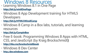 http://bit.ly/win8OnePage

http://bit.ly/HTML5Wins8Camp

http://bit.ly/CampInBox

http://Aka.ms/brockschmidtbook
PAGE
 http:/dev.windows.com

 