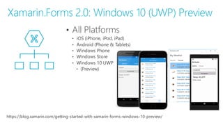 Xamarin.Forms 2.0: Windows 10 (﴾UWP)﴿ Preview
https://blog.xamarin.com/getting-‐started-‐with-‐xamarin-‐forms-‐windows-‐10-‐preview/
 