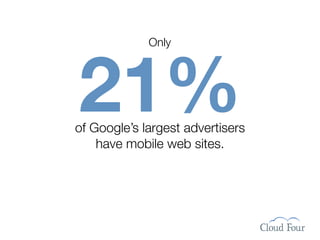 Only




21%
of Google’s largest advertisers
    have mobile web sites.




  http://www.ﬂickr.com/photos/silipo/378476114/
 