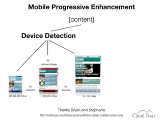 Mobile Progressive Enhancement
                               [content]

Device Detection




                     Thanks Bryan and Stephanie
     http://mobiforge.com/designing/story/effective-design-multiple-screen-sizes
 