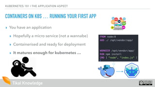 Tikal Knowledge
KUBERNETES 101 | THE APPLICATION ASPECT
CONTAINERS ON K8S … RUNNING YOUR FIRST APP
▸ You have an application
▸ Hopefully a micro service (not a wannabe)
▸ Containerised and ready for deployment
▸ It matures enough for kubernetes …
 