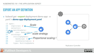 FullStack Developers IL
KUBERNETES 101 | THE APPLICATION ASPECT
EXPORT AN APP DEFINITION
▸ kubectl get --export deployment demo-app -o
yaml > demo-app-deployment.yaml
12 spec:
13 replicas: 2
14 selector:
15 matchLabels:
16 run: demo-app
17 strategy:
18 rollingUpdate:
19 maxSurge: 1
20 maxUnavailable: 1
21 type: RollingUpdate
Proportional scaling !
Scale
Z
scale strategy
Replication Controller
 