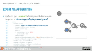 FullStack Developers IL
KUBERNETES 101 | THE APPLICATION ASPECT
EXPORT AN APP DEFINITION
27 spec:
28 containers:
29 - image: shelleg/demo-nodejs-http-server
30 imagePullPolicy: Always
31 name: demo-app
32 ports:
33 - containerPort: 8080
34 protocol: TCP
35 resources: {}
36 terminationMessagePath: /dev/termination-log
37 terminationMessagePolicy: File
38 dnsPolicy: ClusterFirst
39 restartPolicy: Always
40 schedulerName: default-scheduler
41 securityContext: {}
42 terminationGracePeriodSeconds: 30
43 status: {}
▸ kubectl get --export deployment demo-app
-o yaml > demo-app-deployment.yaml
Label
Label
Label
Label
 